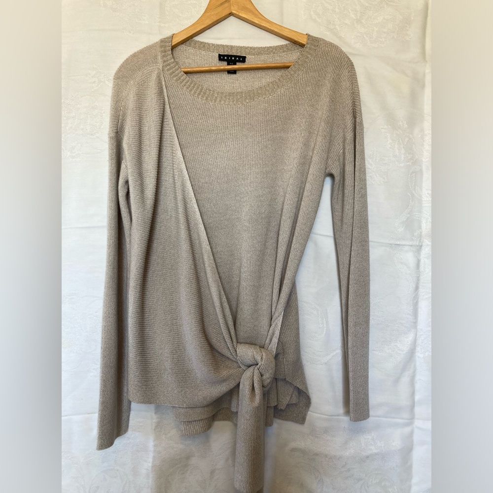 Tribal Cream Beige Sweater Size Small Wrap Tie Longsleeve Elegant Crew Neck